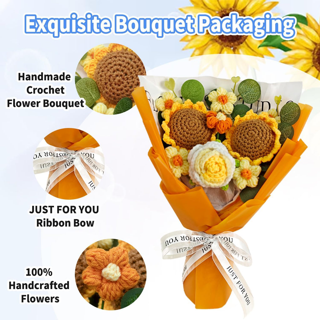 Crochet Flower Bouquet, Handmade Sunflower, Rose, and Daisy Combination, Perfect for Mother's Day, Wedding, Birthday,Anniversary, Home Decor, Ideal Gift for Women, Mom, Wife, and Friends (Orange)