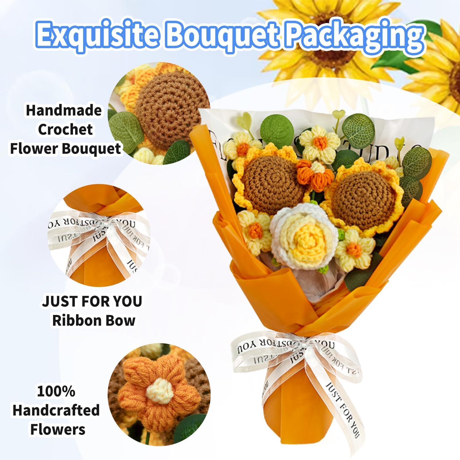 Crochet Flower Bouquet, Handmade Sunflower, Rose, and Daisy Combination, Perfect for Mother's Day, Wedding, Birthday,Anniversary, Home Decor, Ideal Gift for Women, Mom, Wife, and Friends (Orange)