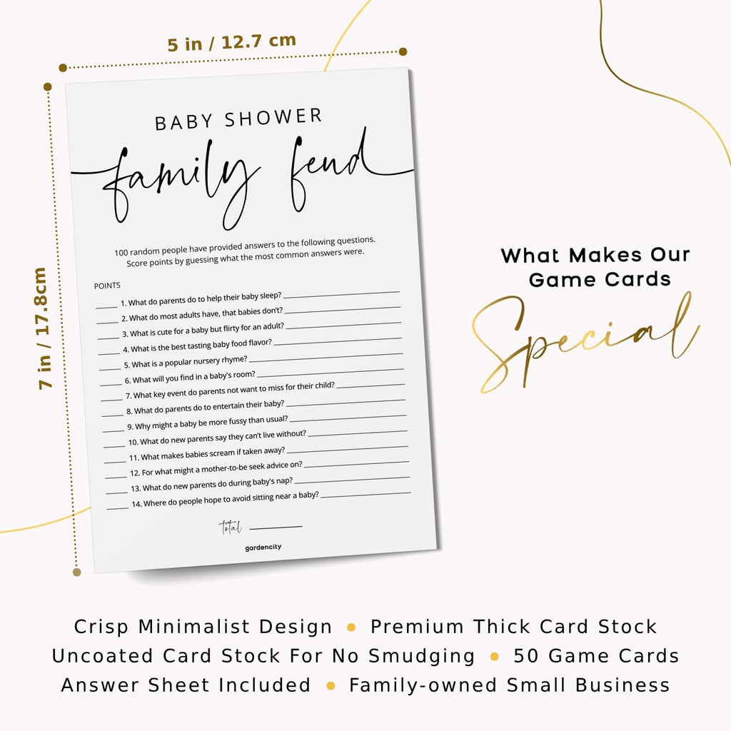GardenCity Baby Shower Games - 50 Baby Shower Family Feud Game Cards, Boy or Girl, Gender Neutral, Minimalist