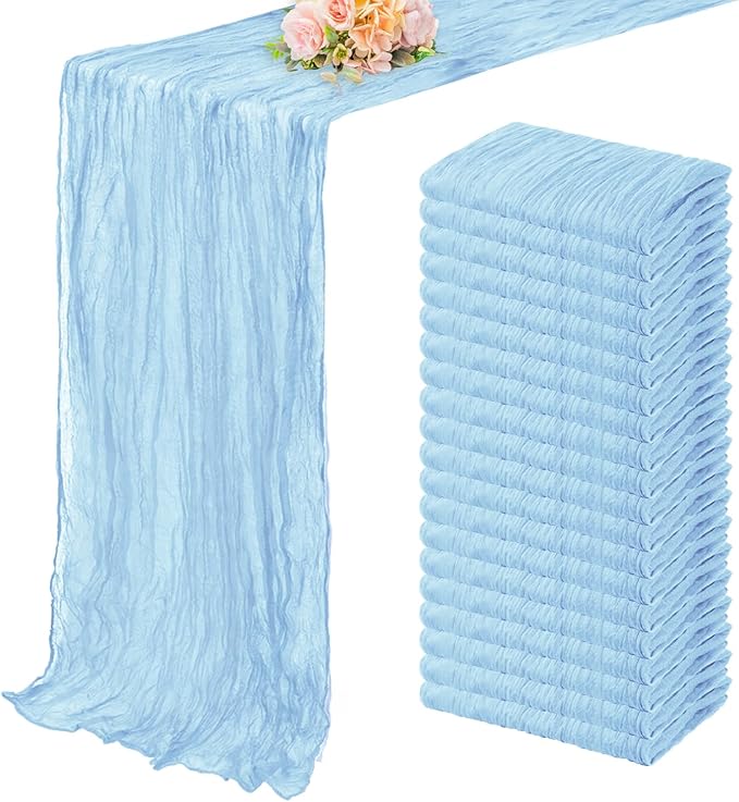 20 Pack Baby Blue Cheesecloth Table Runner 20 x 120 Inch Long Rustic Gauze Cheese Cloth Table Runner for Wedding 10FT Bridal Baby Shower Table Decorations Boho Fabric Sheer Birthday Party Table Decor