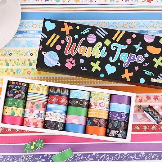 30 Rolls Colorful Theme Washi Tape Set with Different Colorful Patterns, Writable Decorative Tapes for Scrapbooking, Bible Journaling, Bullet Journaling, 0.6'' x 79'' per Roll