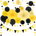Black and Yellow Party Decorations, 23Pcs Hanging Paper Fans Birthday Decorations with Black Pom Poms Flowers for Boy Birthday, Bridal Shower, Baby Showers, Wedding