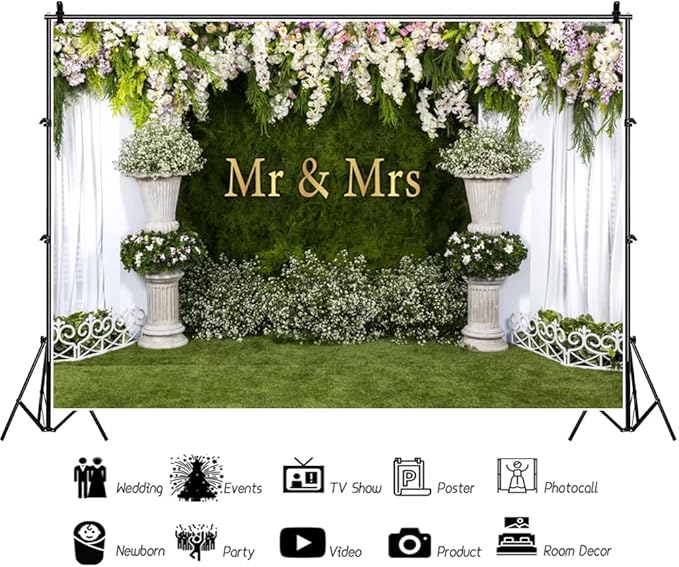 Wedding Arch Flower Backdrop - 10x8ft Mr & Mrs Engagement & Anniversary Photography & Bridal Shower Background