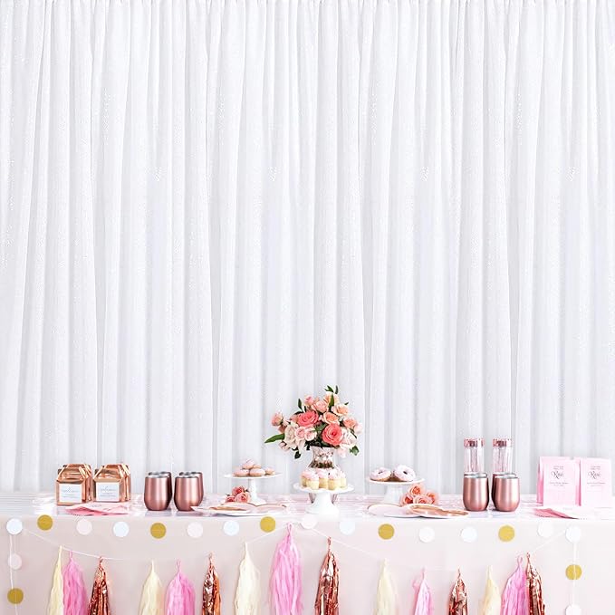 Sparkly Backdrop White Photo Backdground Curtain 3 Pack 2x8ft Sequin Fabric for Birthday Wedding Baby Shower Christmas Party Decorations