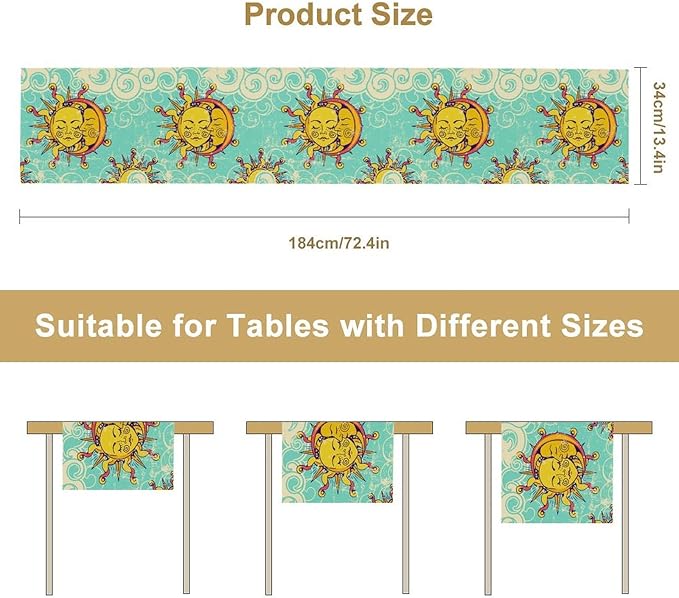 Retro Sun Moon Table Runner, Phase of The Moon Vintage Cloud Table Runner for Kitchen Dinner Living Room Table Runner Yellow Floral, 13x70 Inch Yellow Blue