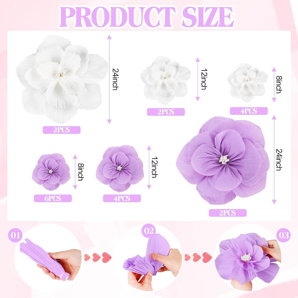 VAIPI 20 Pcs Large Tissue Paper Flowers Giant Paper Flowers Decorations for Wall 24'' 12'' 8'' Crepe Handcrafted Flower for Wedding Baby Shower Birthday Party Wall Backdrop Decor (Purple)