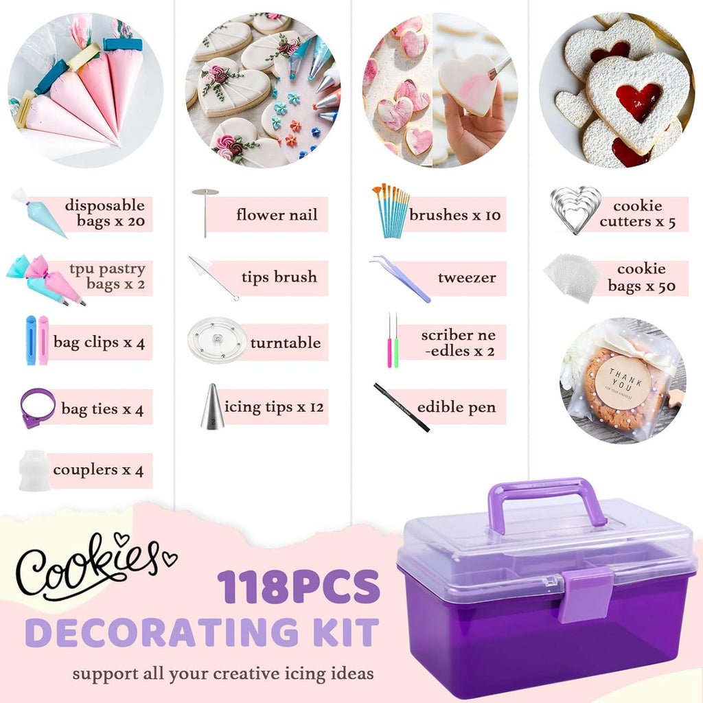 LUSHYUM Cookie Decorating Kit 118pcs with Storage Case, Royal Sugar Piping Bags and Tips Icing Supplies Set, Turntable Scribe Decoration Tools for Kids & Cookie Holiday Christmas Valentine