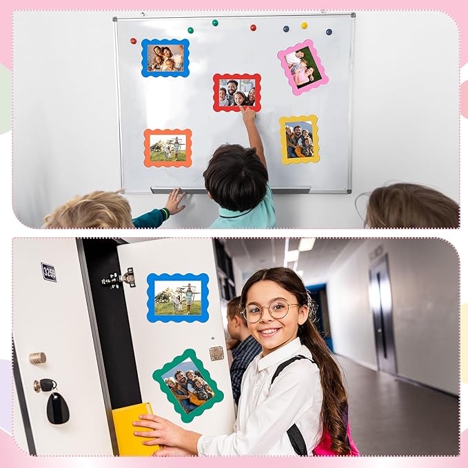 Kingdder 12 Pcs Scalloped Magnetic Picture Frame for Refrigerator 4 x 6 Colorful Reusable Picture Frame Magnets Decorative Photo Holders for Fridge Home School Office Kitchen Locker Decor