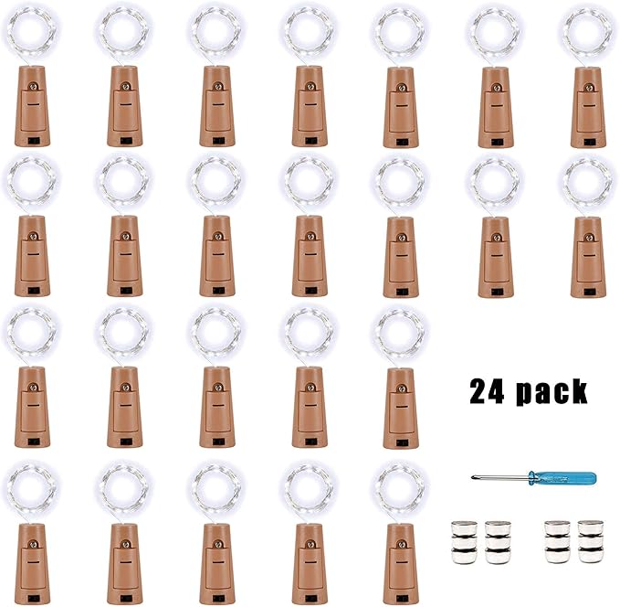 YJFWAL Wine Bottle Lights with Cork,Cork Shape Silver Copper Wire Fairy Mini String Lights,24Pack 20LED Battery Operated for DIY,Party,Wedding,Christmas,Halloween,Decor (Cool White)