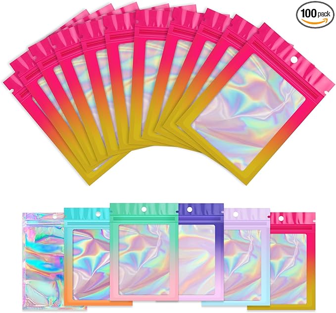 Funfery 100 Pack Gradient Holographic Bags,Mylar Resealable Bags with Zipper,Clear Window Packaging Pouchs,Smell Proof Bag for Food Storage,Sample Jewelry Bag(3.1x5.1In,Hot Pink Orange)