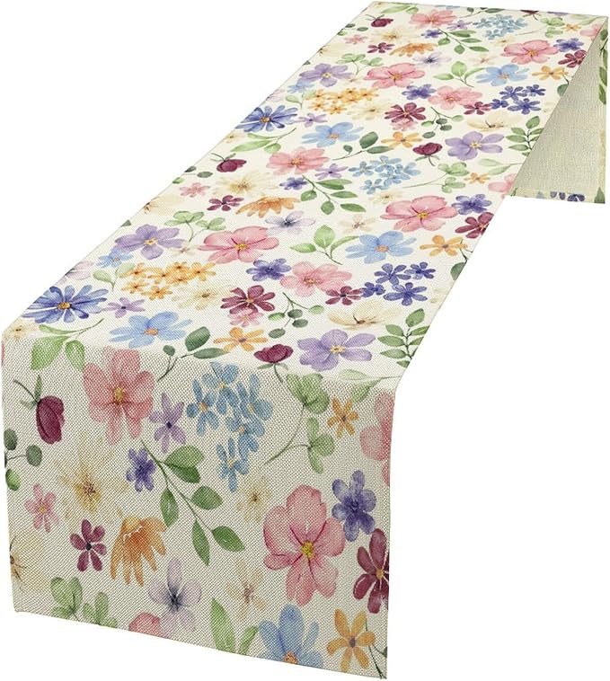 Floral Decorative Table Runner, Watercolor Floral Botanical Rustic Modern Style Pattern Printed Long Table Runner for Restaurant Kitchen Party,13in（33cm） W * 72in（184cm） L