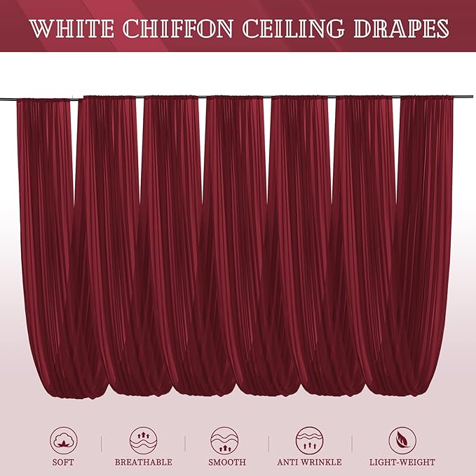 6 Panels Burgundy Ceiling Drapes for Wedding 5ftx30ft Chiffon Fabric Arch Draping Curtains Sheer Drapery for Party Ceremony Birthday Baby Shower Reception Stage Swag Ceiling Decorations