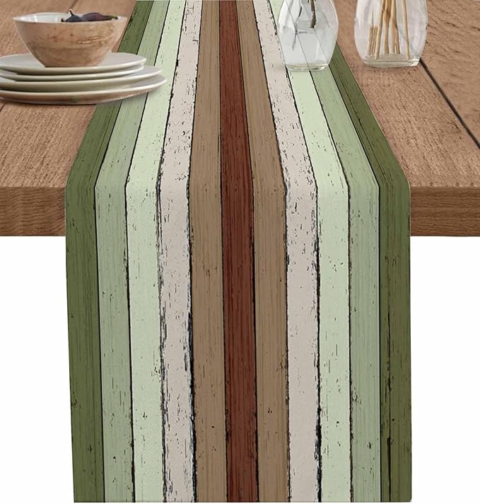 Sage Green Wooden Cotton Linen Table Runner for Dining Kitchen, Wedding Outdoor Party Tablerunners Decoration, Vintage Country Retro Distressed Grain Dresser Scarf Coffee Tablecloth Runners 13''x108''