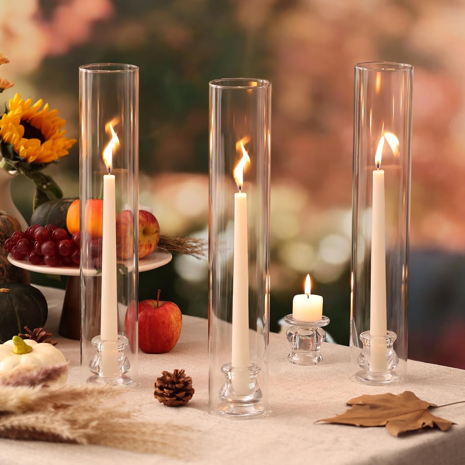 Volens Hurricane Glass Candle Holders- Set of 6 Candlestick Holders for Taper Candles with Windproof Cylinder Covers 14" Tall Clear Glass Chimney Cover for Wedding Table Centerpiece Home Decor