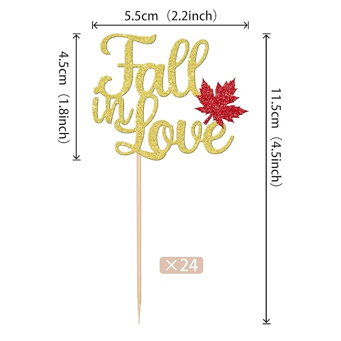 24 PCS Fall in Love Cupcake Toppers Glitter Maple Leaf Fall Theme Bridal Shower Cupcake Picks Wedding Engagement Cake Decorations for Autumn Wedding Anniversary Bridal Shower Party Supplies Gold