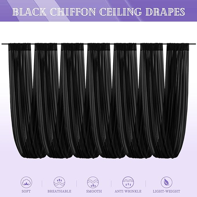6 Panels Black Ceiling Drapes for Wedding 5ftx20ft Chiffon Fabric Arch Draping Curtains Sheer Drapery for Party Ceremony Birthday Baby Shower Reception Stage Swag Ceiling Decorations