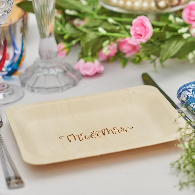 Mr. and Mrs. Disposable Wedding Plates – Rustic, Compostable Alternative to Plastic Plates for Wedding Receptions, Engagement Parties, and Rehearsal Dinners (Salad/Dessert, 50-Pack)