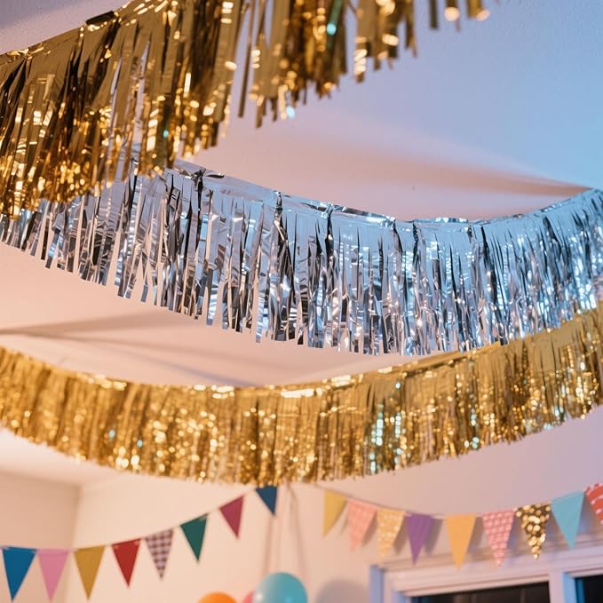 4 Pack Royal Blue Total 40 Feet Foil Fringe Garland Metallic Tinsel Banner Wall Hanging Drapes Parade Float Skirting Decorations for Trailer Mardi Gras Party Birthday Wedding Baby Shower