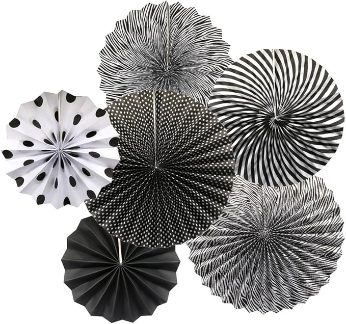 Party Hanging Paper Fans Set, Black Round Pattern Paper Garlands Decoration for Birthday Wedding Graduation Events Accessories, Set of 6