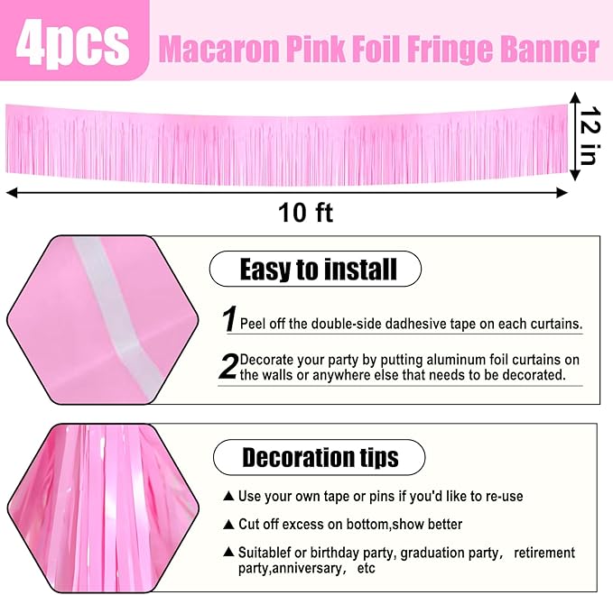 4 Pack 10 Feet Macaron Pink Foil Fringe Garland Metallic Tinsel Streamers Banner Wall Hanging Curtain Backdrop for Parade Floats, Wedding, Graduate, Mother's Day, Birthday Party Decoration