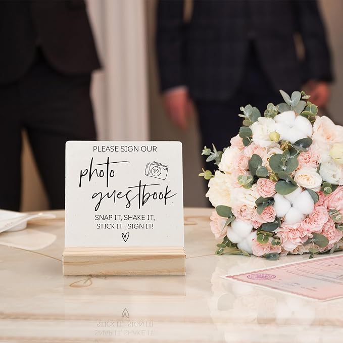 Photo Guest Book Sign, Wedding Guest Book Desk Decor, Guest Book Wedding Reception Wood Plaque, Please Sign Our GuestbookSign Wooden Plaque with Wood Stand forWedding Table Decor Signs