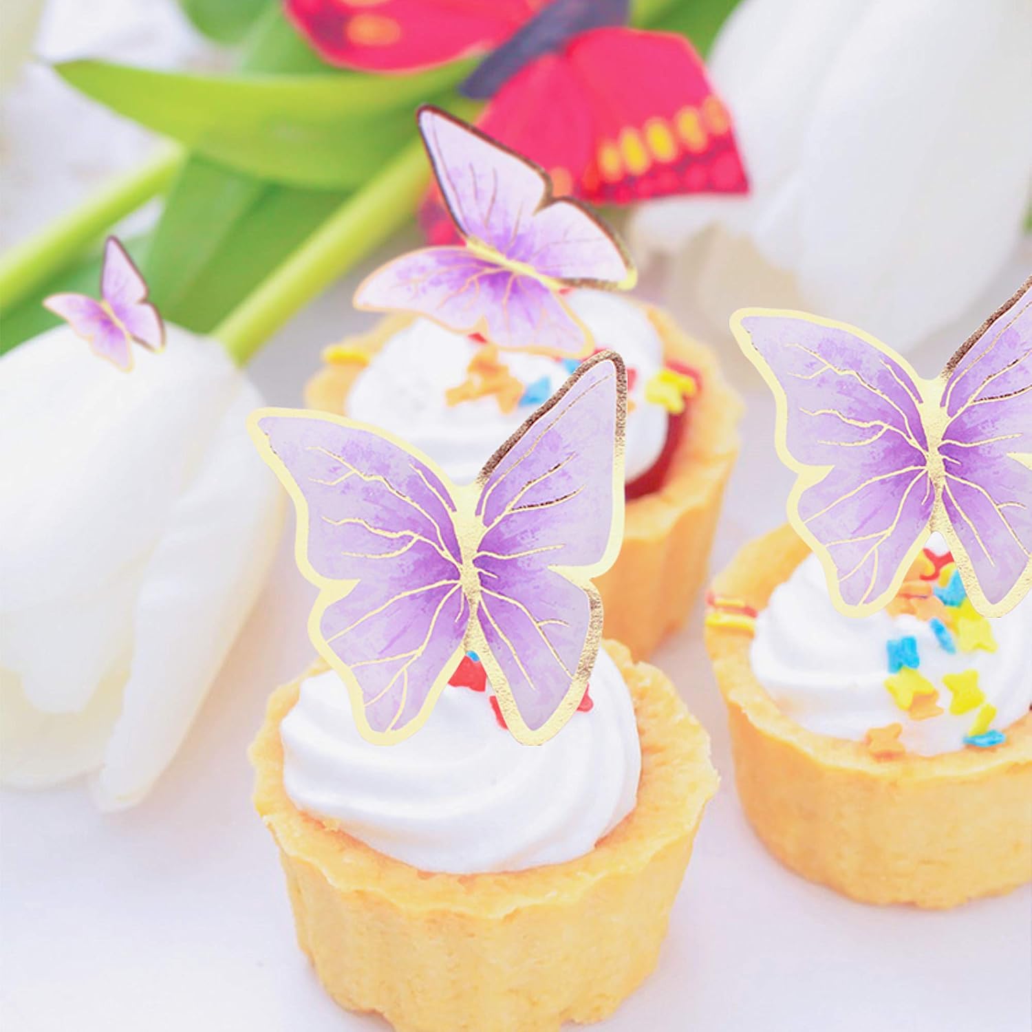 30Pcs 2D Waterproof Purple Butterfly Cake Topper Transparent Golden Butterflies Cupcake Toppers for Butterfly Birthday Wedding Floral Cake Decorartions Butterflies Wall Decorations Party Supplies