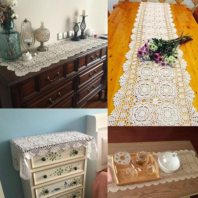 KEPSWET Cotton Handmade Crochet Lace Table Runner Beige Rectangle Coffee Table Dresser Decor (14x48 inch)