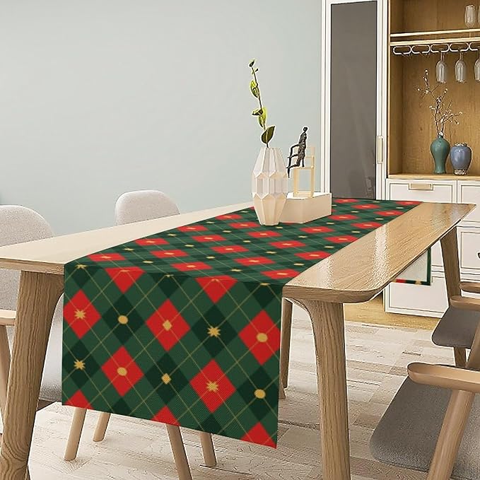 Christmas Table Runner,Green Red Xmas Plaid Table Cloth Kitchen Dining Table Decoration for Home Party Decor 13x36 Inch