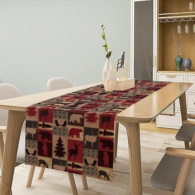 Retro Rustic Bear Table Runner, Wild Bear Cabin Pine Farmhouse Table Runner for Bedroom Kitchen Living Room Vintage Country Style Lodge 13x60 Inch