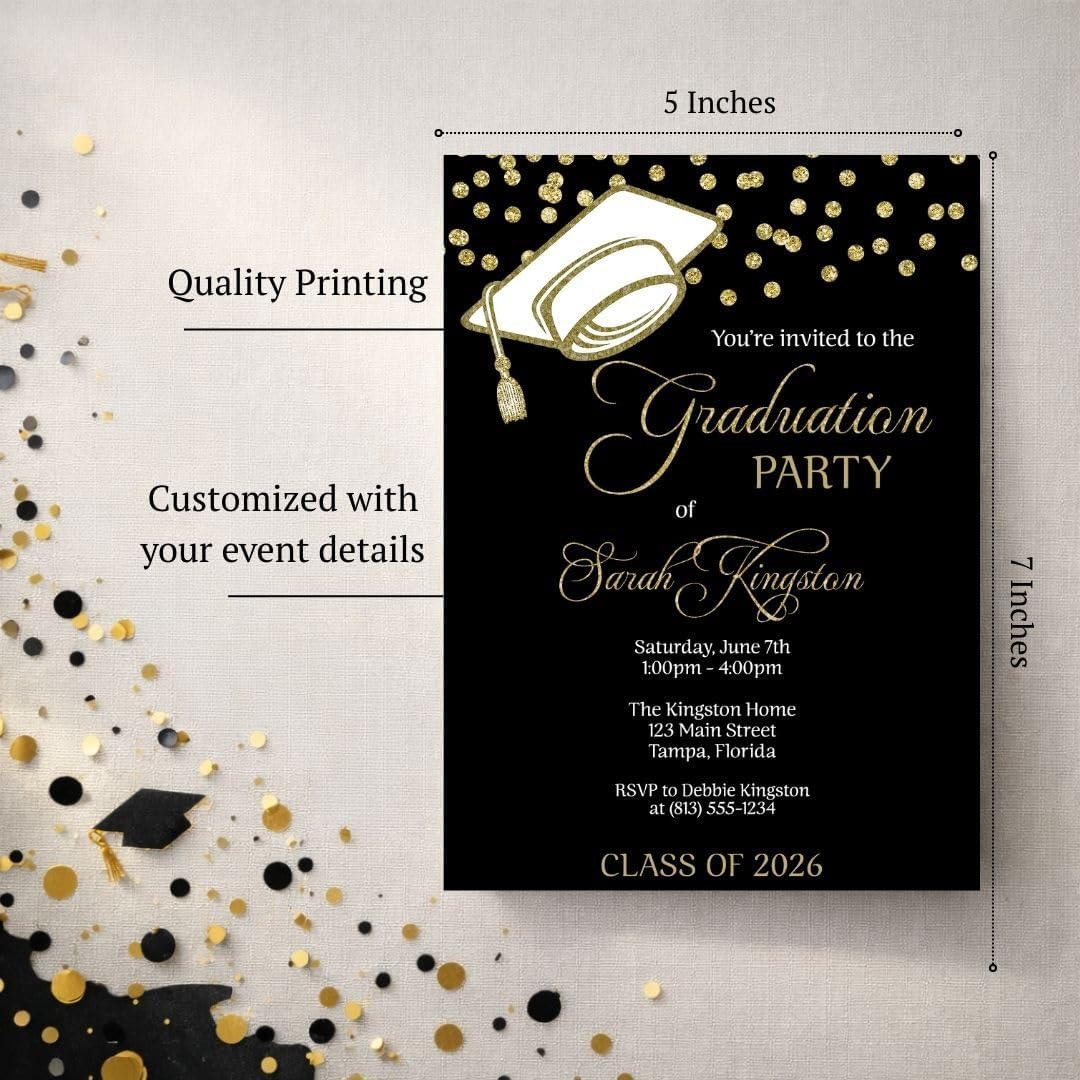 Graduation Invitations Black And Gold, Grad Cap Confetti Invite | Set of 12 | Customizable High School College Announcement Invites With Envelopes