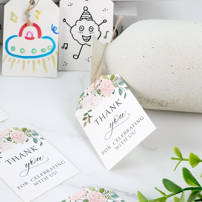 SallyFashion 75PCS Thank You Gift Tags, 2x3inch Floral Personalized Gift Tags with String for Wedding Birthdays Party Favors Baby Shower Bridal Shower