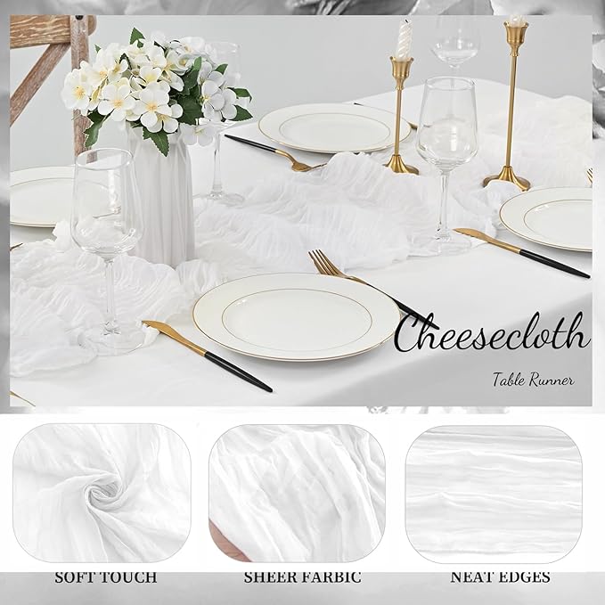 6 Pack White Cheesecloth Table Runner 23x120 inch Rustic Boho Gauze Table Runner 10 FT Long Sheer Cheese Cloth Fabric Table Runners for Romantic Wedding Bridal Shower Birthday Party Decor