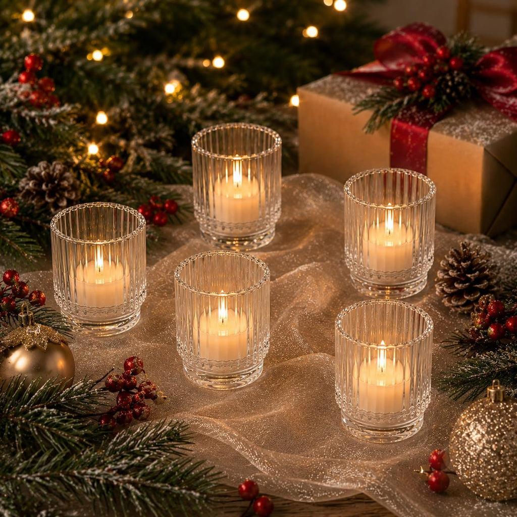 Kate Aspen Vintage Ribbed Red Glass Candle Holders Set of 6 - Votive & Tealight Candle Holder Decor for Holiday Table Decor, Christmas Dining Tablescape, Fall & Boho Home Accents (Clear)