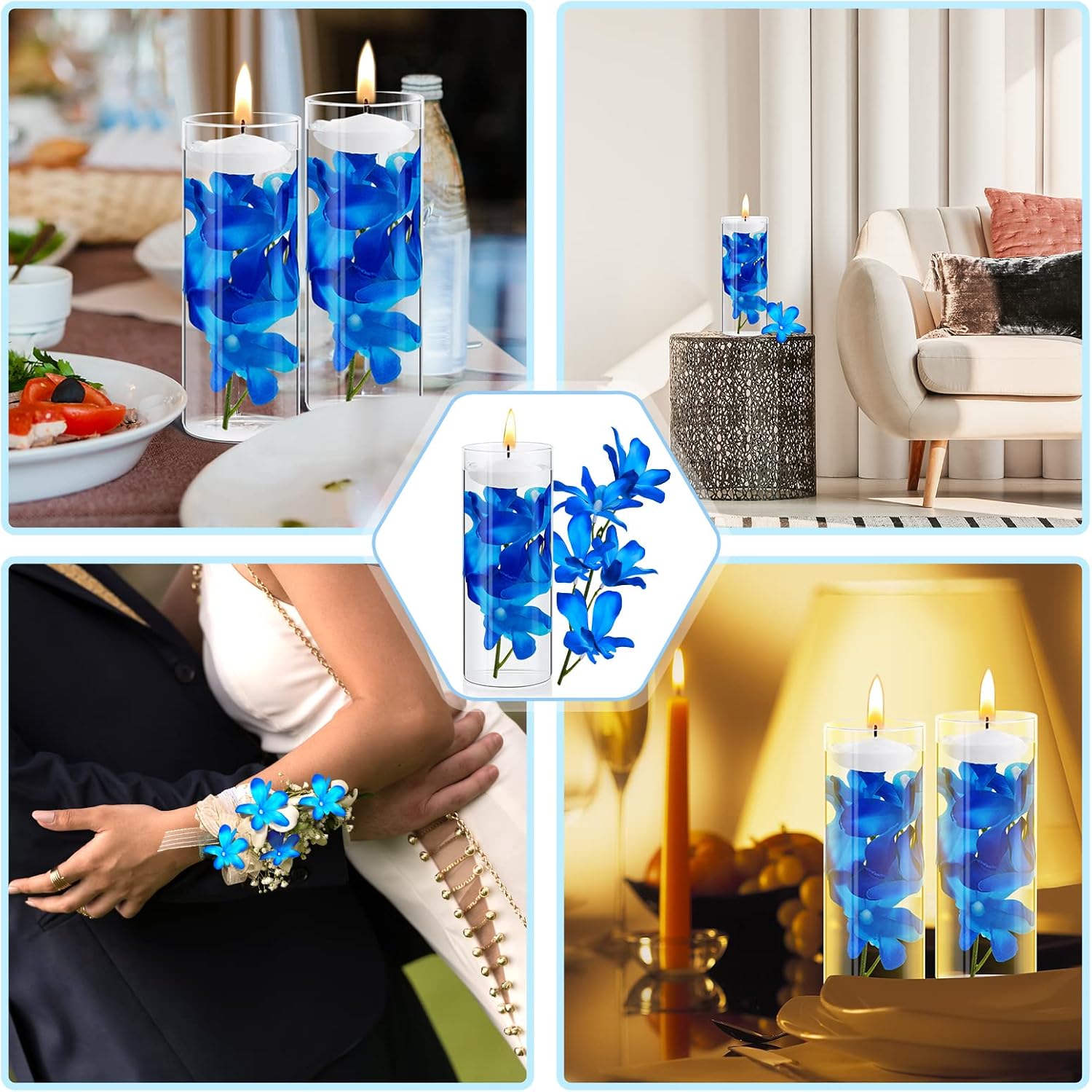 Juexica 28 Pieces Floating Flowers for Centerpieces Blue Orchid Flowers Vase Fillers Unscented Floating Candles for Wedding Table Party Home Decoration