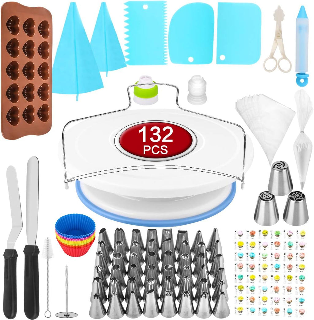 132 Pcs Cake Decorating Supplies kit with Turntable,48 Pcs Numbered Icing Tips and 3 Pcs Russian Piping Nozzles,12 Pcs Cupcake Moulds