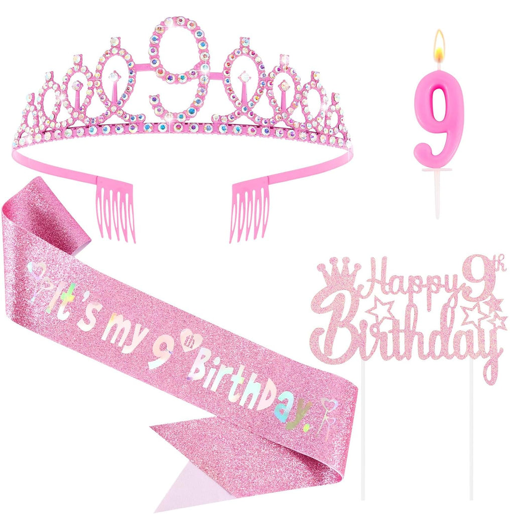 9th Birthday Party Decorations Set for Girls- Pink Crown, Glitter Sash, Number 9 Candle & Cake Topper Kit for Birthday Celebrations Party Supplies Gift