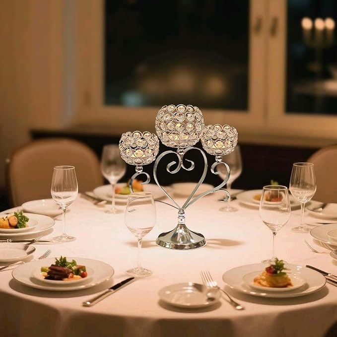 2 Pcs 3-Arm Heart Tea Light Candle Holder - Crystal & Metal Wedding Centerpiece Decor, Sparkling Table Decor for Anniversaries/Romantic Tabletop Home/Dinner Party/Events (2, Silver)