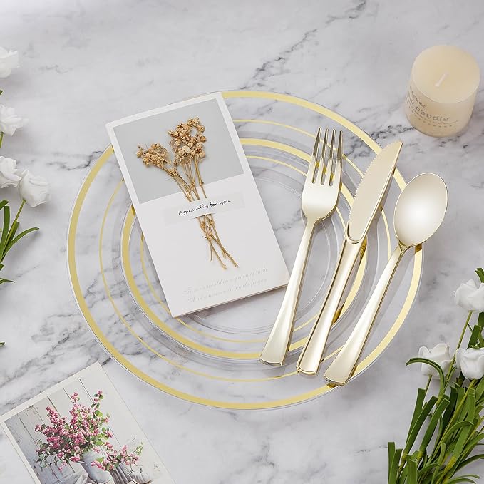 BESTVIP 450PCS Plastic Dinnerware Set (75 Guests), Clear Gold Disposable Plates for Party, Wedding, Christmas, Anniversary, Includes: Dinner Plates, Dessert Plates, Cups, Spoons, Forks and Knives