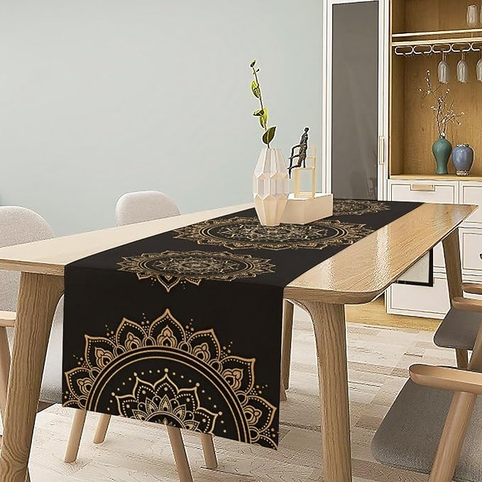 Golden Mandala Table Runner, Traditional Indian Gold Black Flower Vintage Luxury Bohemian Mandala Table Runner for Home Kitchen Dinning Table Indoor Outdoor Holiday, 13x108inch