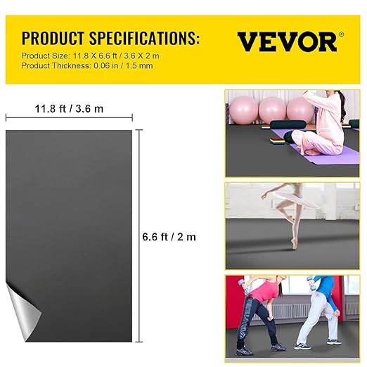 VEVOR Dance Floor, 6.6x11.8ft Dance Floor Roll, 0.06in Thick PVC Vinyl Dance Floor, Black/Grey Reversible Portable Dance Floor, Non-Slip Dance Flooring, Ballet Dance Floor for Jazz, Pop, Lyrical Style