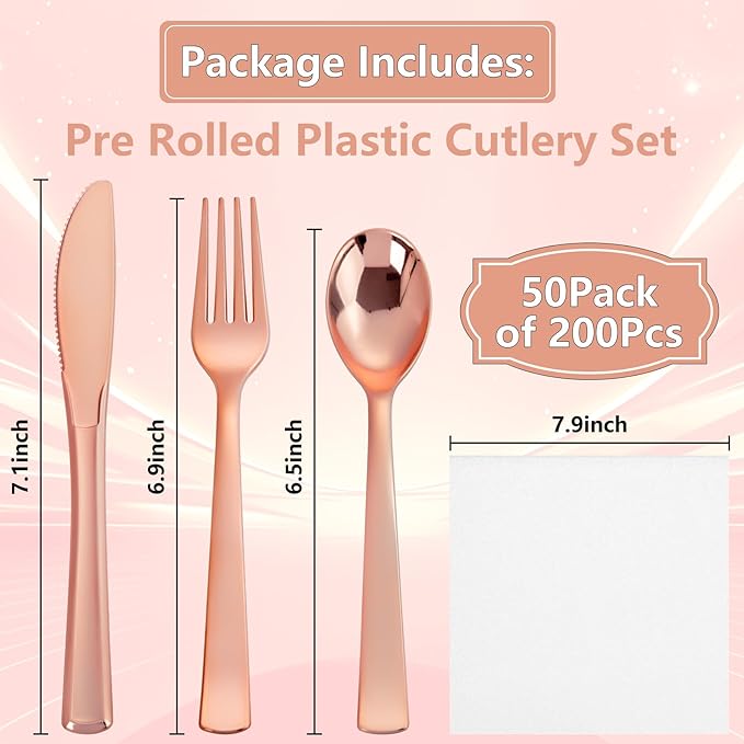 50Guests Pre Rolled Rose Gold Plastic Silverware Sets - Heavy Duty Rose Gold Cutlery - Include 50 Pack Wrapped Disposable Utensils with Napkins for Parties, Dinners & Weddings