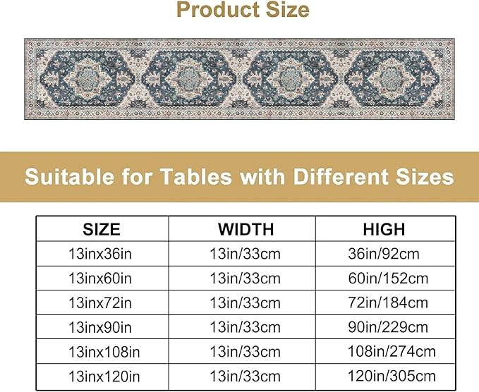 Boho Bohemia Style Table Runner, Vintage Blue Retro Flower Rustic Country Style Floral Print Pattern for Home Kitchen Table Decor Dining Coffee Room Garden Party Decor 13x108in