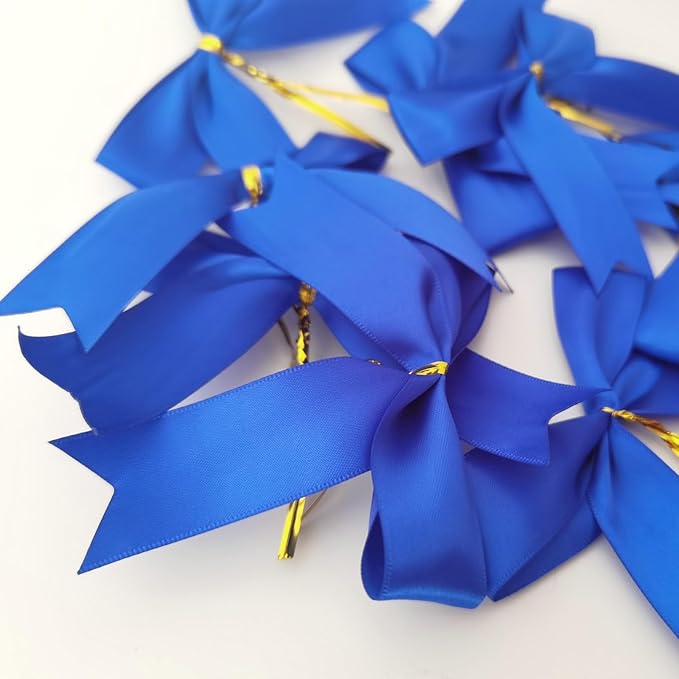 50pcs 3-1/2 Inch Blue Satin Ribbon Bows with Twist Tie Bows for Christmas Tree Decoration Gift Packing&Wrapping(Blue)