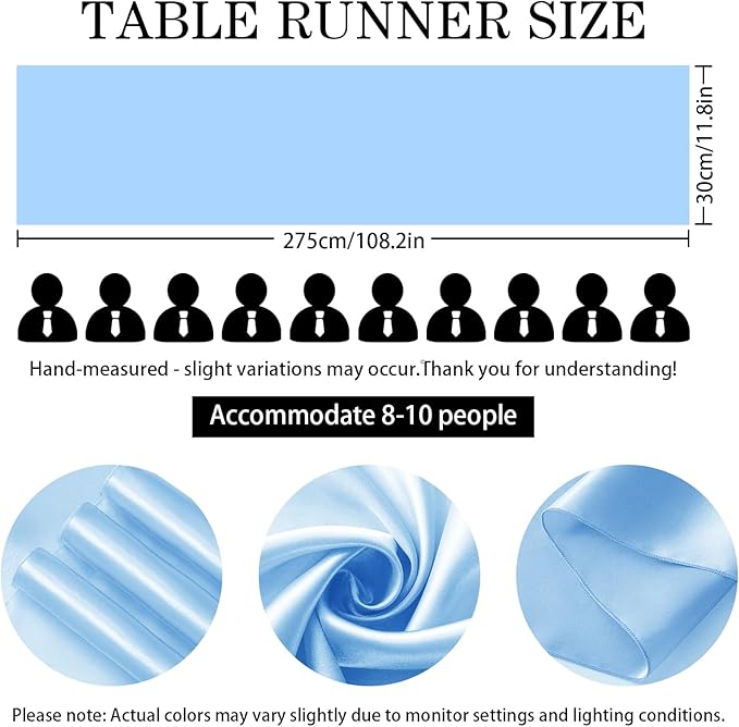 SHEJIZE 10 Pack Light Blue Satin Table Runner 12x108 Inches Long, Bright Silky Smooth Satin Table Runner Table Decor for Wedding Banquet Christmas Prom Event Birthday Party