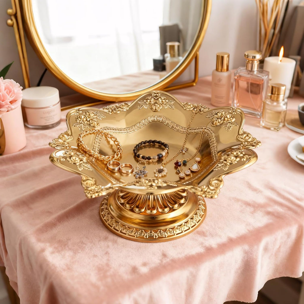 Golden Fruit Bowl for Kitchen Counter, Christmas Decorative Bowl for Home Decor, Serving Tray for Candy Dish Pedestal Floating Flowers Diwali Candles, Buddhist Offering Plate
