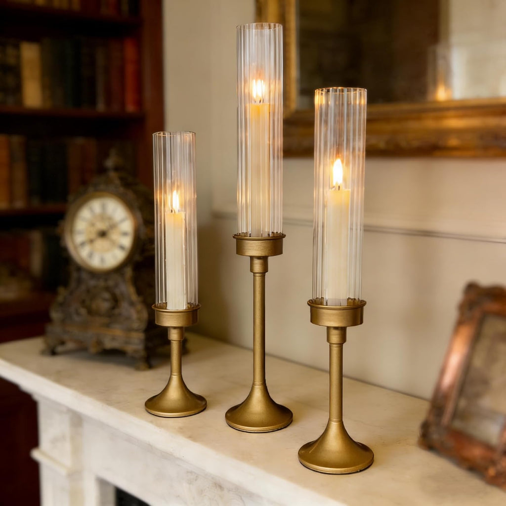 Gold Hurricane Candle Holders - Brass Candlestick Holders Set of 3 Tall Taper Candlesticks Fluted Glass Candle Stick Holder Decor for Wedding Party Christmas Mantel Dining Table Centerpieces