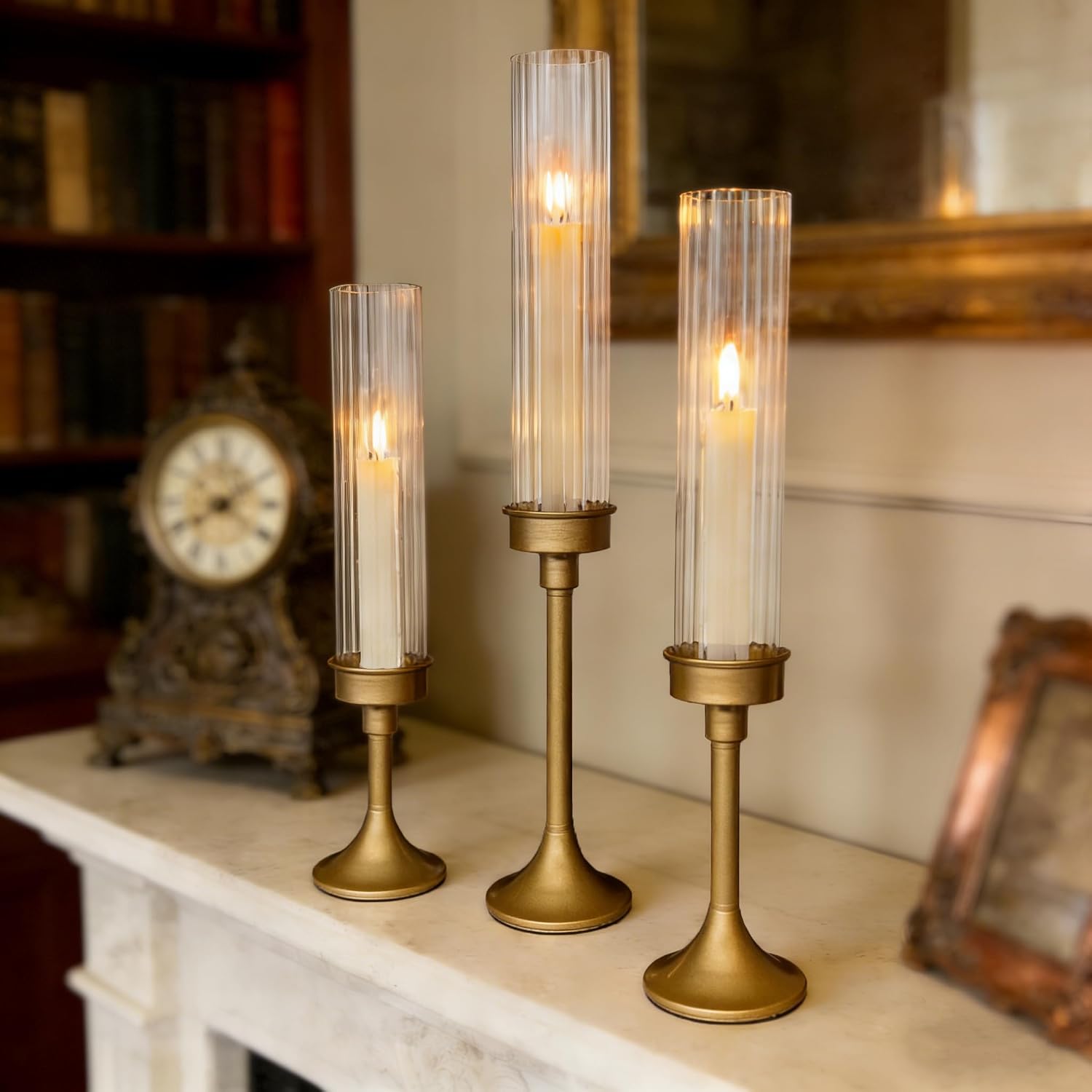 Gold Hurricane Candle Holders - Brass Candlestick Holders Set of 3 Tall Taper Candlesticks Fluted Glass Candle Stick Holder Decor for Wedding Party Christmas Mantel Dining Table Centerpieces