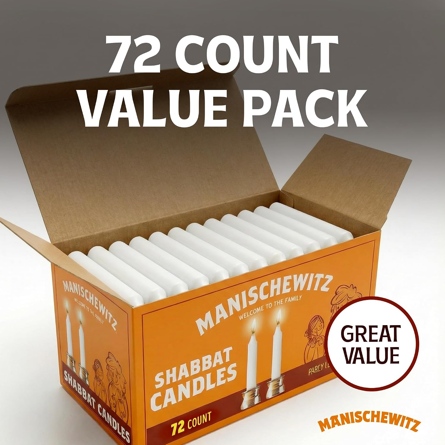 Manischewitz Shabbat Candles 72 Count | Burns for 3 Hours, Fits Standard Candlestick Holders, Perfect for Shabbos and Holidays