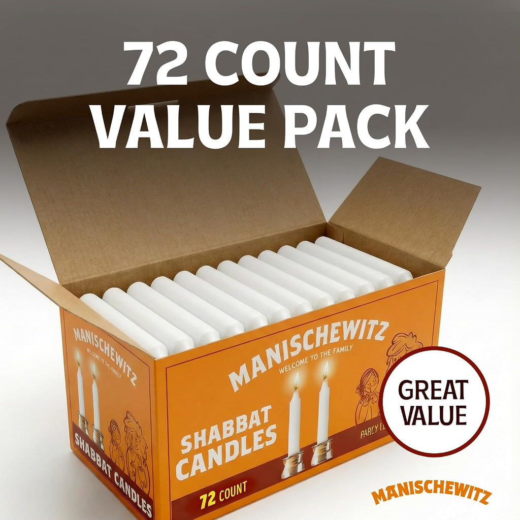 Manischewitz Shabbat Candles 72 Count | Burns for 3 Hours, Fits Standard Candlestick Holders, Perfect for Shabbos and Holidays
