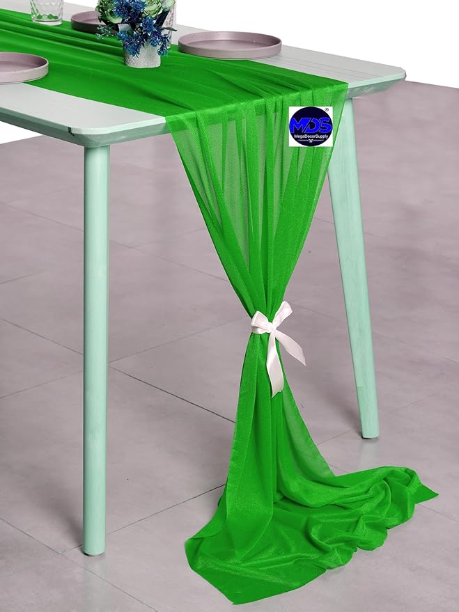 MDS 15 Pack 10ft Chiffon Table Runner 29 x 120 Inches Sheer Wedding Runner Romantic Rustic Table Runner for Wedding Decorations, Birthday Parties, Bridal Shower Party Arch Decor - Green